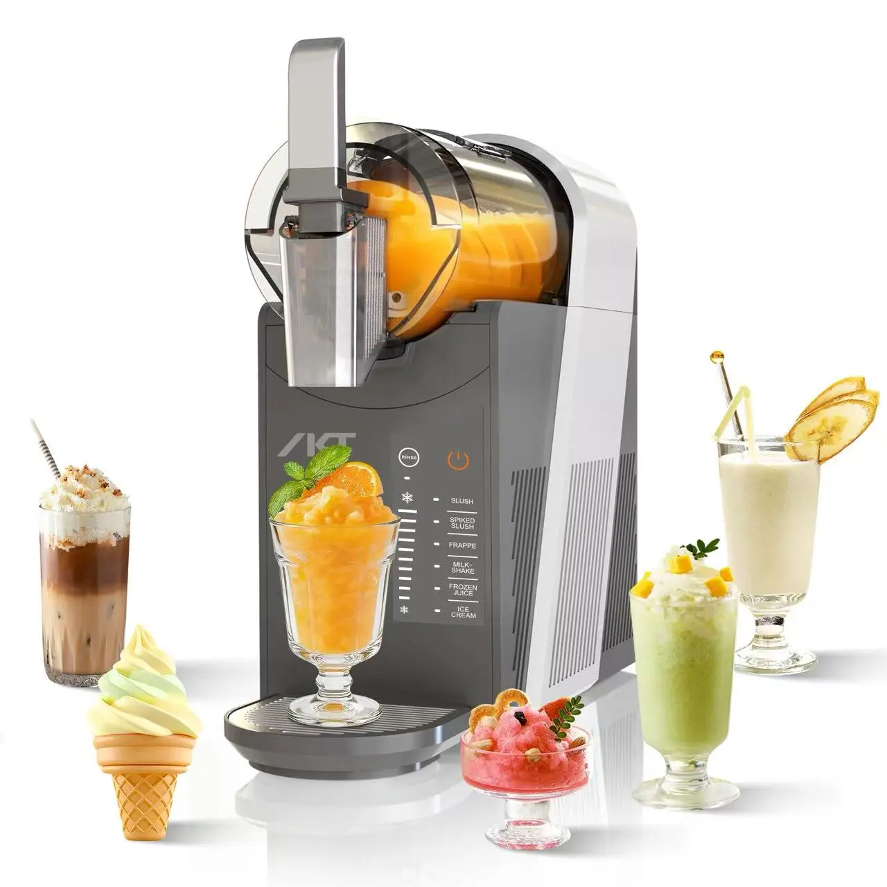 IKT Slushie Machine Frozen Drink Maker with Self-Cleaning for Home,Rapid Chill Technology,No Ice Needed,Adjustable Hardness, for Home,6in1,Gray&Sliver