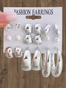 Women's Geometric Water Drop Earrings Set, Silver Color Metal Ear Studs, Fashionable Minimalist Design, Asymmetrical Feature, European Style Jewelry, Trendy Jewelry