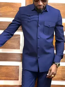 2 Pcs/Set, Long Sleeve Button Down Men's Pants Set, Solid Color, Turndown Collar Shirt & Elastic Waist Pants, African Clothing, Men's Casual Pants Set, Streetwear Style, Party, Date, Cultural Events