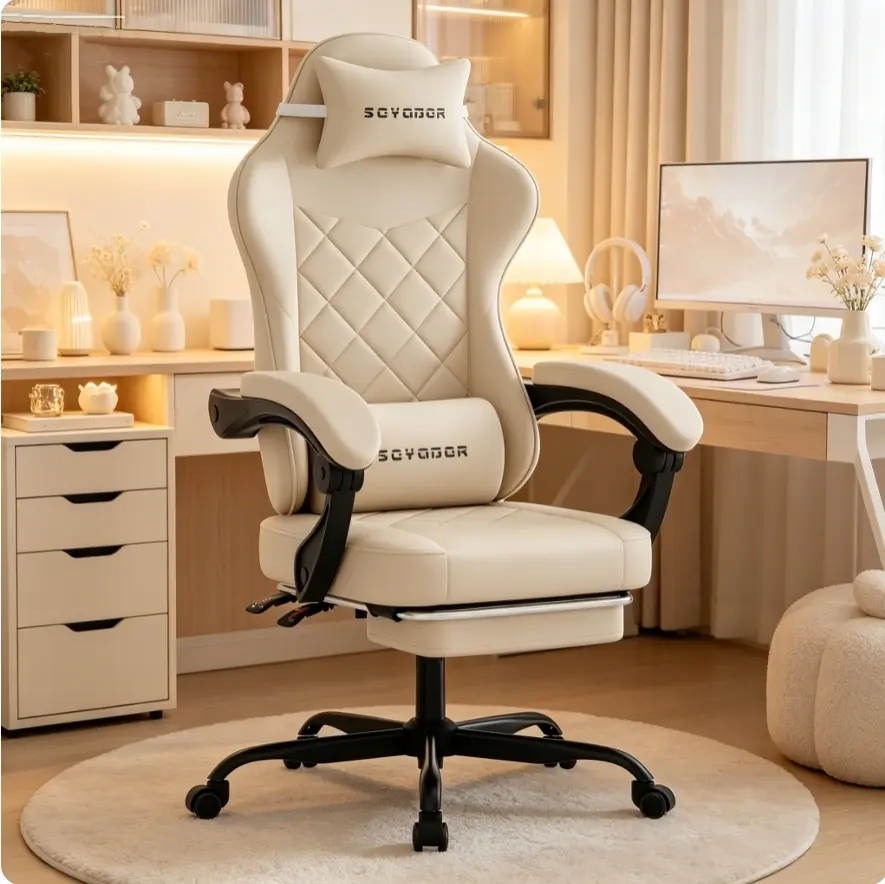 Ergonomic Gaming Chair with Footrest and Lumbar Pillow—Comfortable Office Chair, Reclining and Height-Adjustable armrest Computer Chair,  Home Office/Gaming Swivel Chair for Extended Sitting silent caster woman man support wide cushion black task