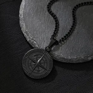 Stainless Steel Compass Necklace 316L Pendant Coin Hip Hop Iced Out Chain for Men Punk Streetwear Jewelry SummerVibes