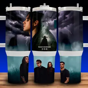 40oz Bad Omens - Specter - Metal Band Cup Mug Tumbler Stainless Steel Tumbler with Slide Closure Lid, Reusable Plastic Straw, Handmade Design - Drinkware