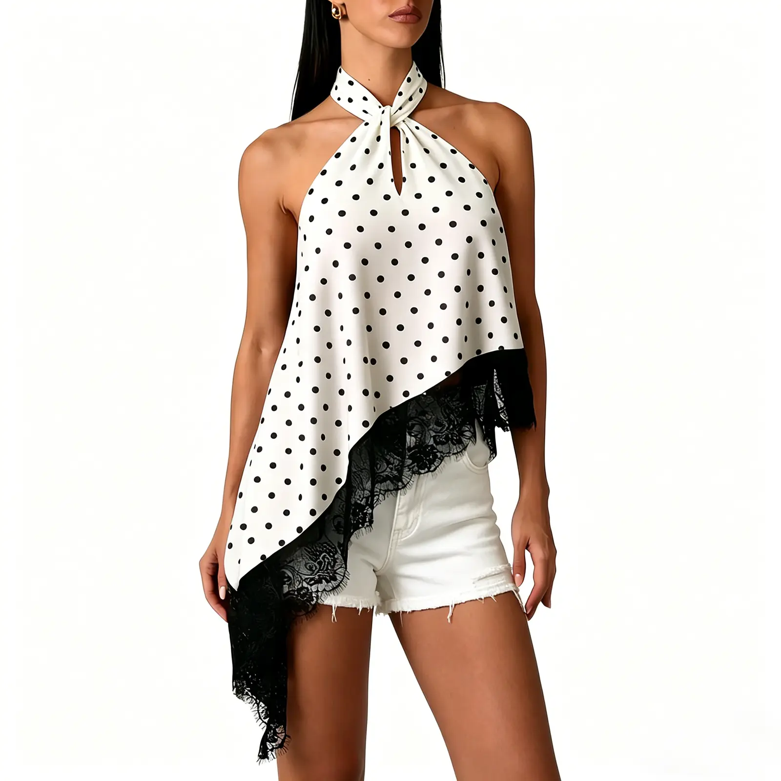 Women's Satin Halter Neck Tops Elegant Lace Trim Sleeveless Backless Asymmetrical Hem Vest for Party Daily Wear