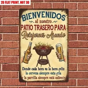 Vintage Rustic Metal Sign "Bienvenidos al nuestro Patio Trasero" Spanish Welcome Wall Art for Outdoor BBQ Patio Decor, Durable M