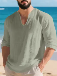 Men's Spring Autumn New High-Quality Linen Deep V Neck Long Sleeve T-Shirt, Casual Hippie Beach Tee, Soft Fabric, Ultimate Comfort, Beachwear, Menswear, Top