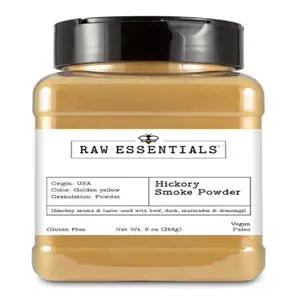 Raw Essentials Hickory Smoke Powder | Specialty Spice for Smoky Flavor Without Barbecuing | Ideal for Sauces, Marinades, Dressings, Beef, and Duck | 9 Ounce Bottle