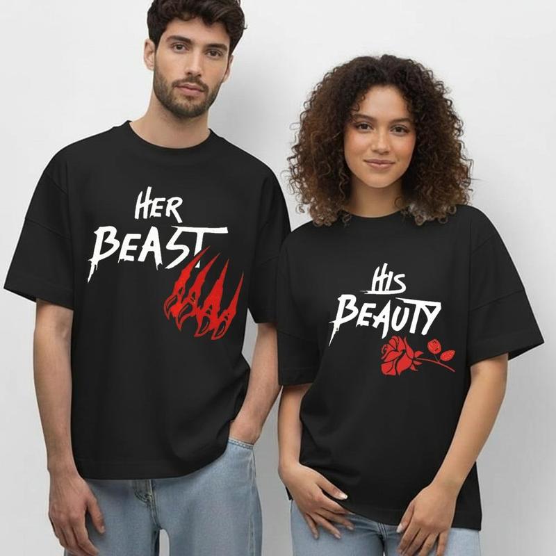 Her Beast His Beauty Couple T-Shirts, Beauty And The Beast Rose T-Shirt, Matching Couple T-Shirt Gift For Valentine’S Day