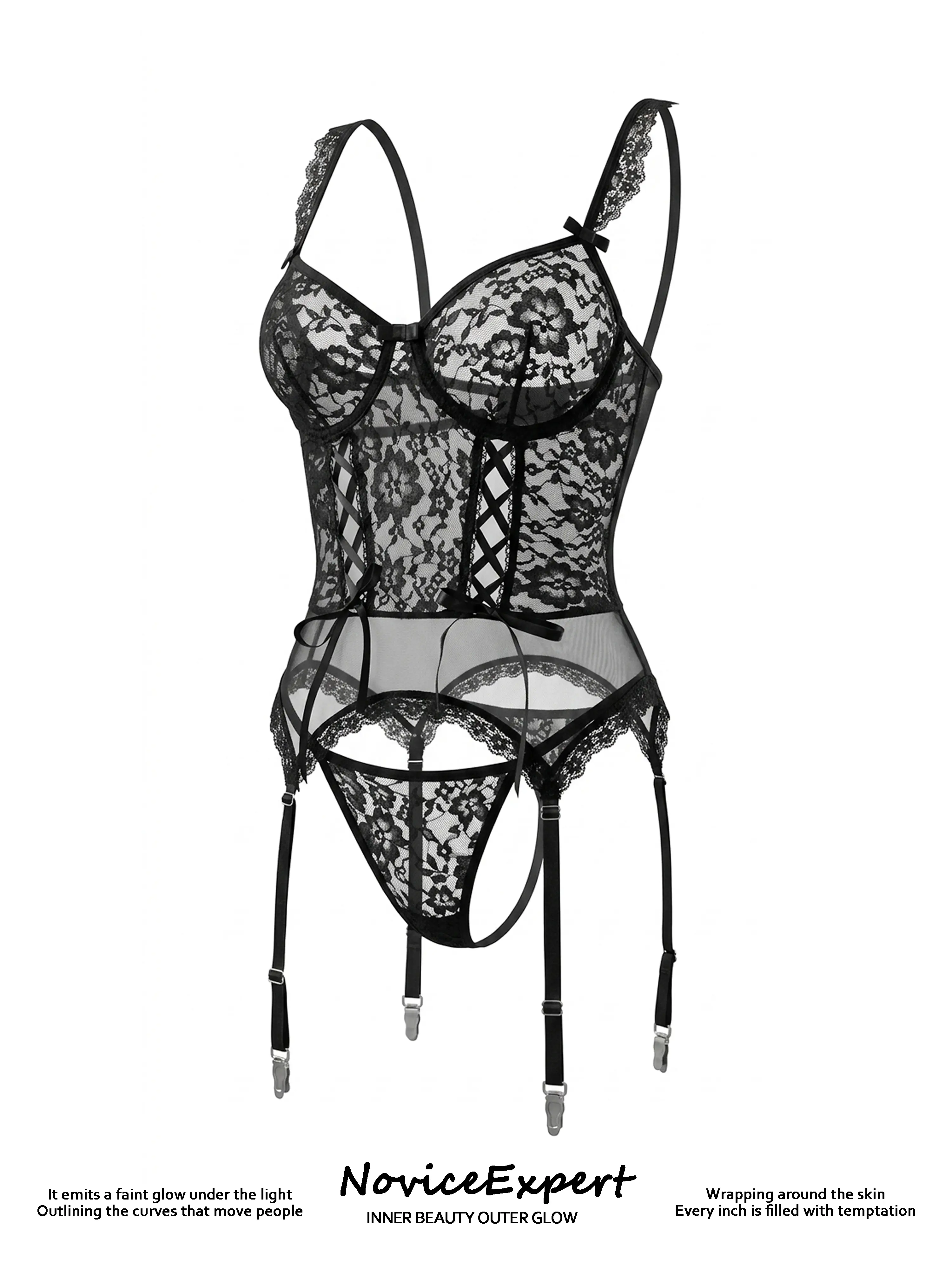 Sexy Floral Lace Corset Lingerie Set for Women, 3 Piece Underwire Garter Set with Matching Stockings, Romantic Nightwear