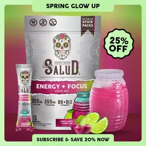 Salud 2-in-1 [Energy + Focus – Cherry Lime] Clean Energy Drink Mix, Agua Fresca, Organic Caffeine, B6 & B12, L-Theanine, Drink Packets, Non-GMO, Gluten Free, Vegan, Low Calorie, 1g Sugar (15 Servings), Spring Glow Up