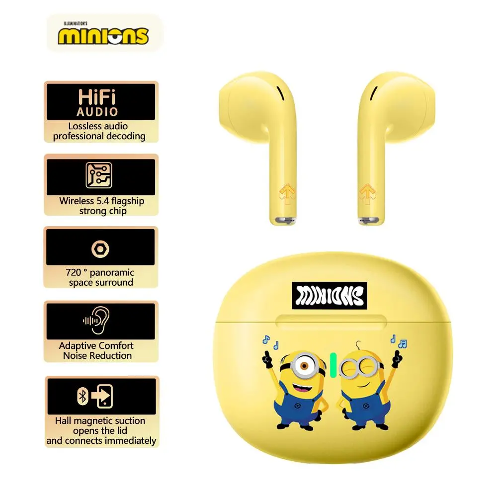 Official Minions Cute Wireless Earbuds, Bluetooth 5.4 TWS Semi-in-Ear Headphones with 720° Panoramic Spatial Audio, 13mm Dynamic Driver Noise Reduction Earphones for iOS Android campingessentials