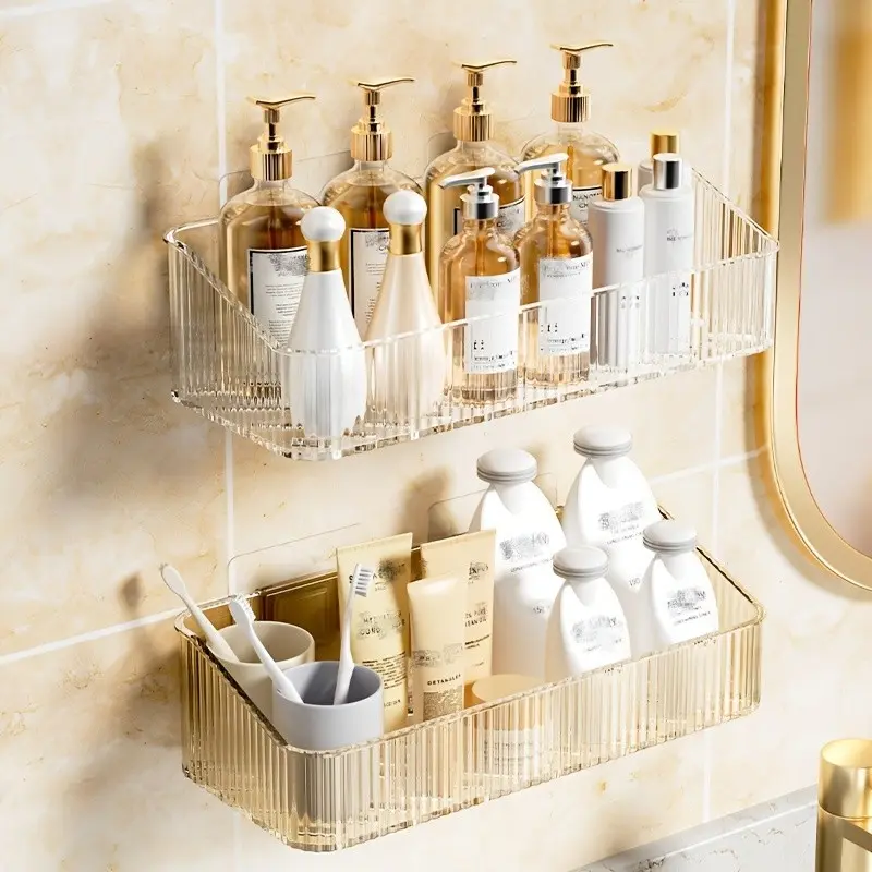 1pc Wall Mounted Bathroom Storage Rack, Bathroom Hanging Shelf, Plastic Bathroom Tray, Storage Basket, Shampoo Shower Gel Holder Organizer, Bathroom Additions, Bathroom Storage And Organization