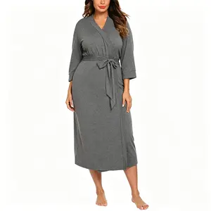Women's Long Kimono-Style Knit Robe — Lightweight, Soft Knit Loungewear with V-Neck — Casual Home Wear