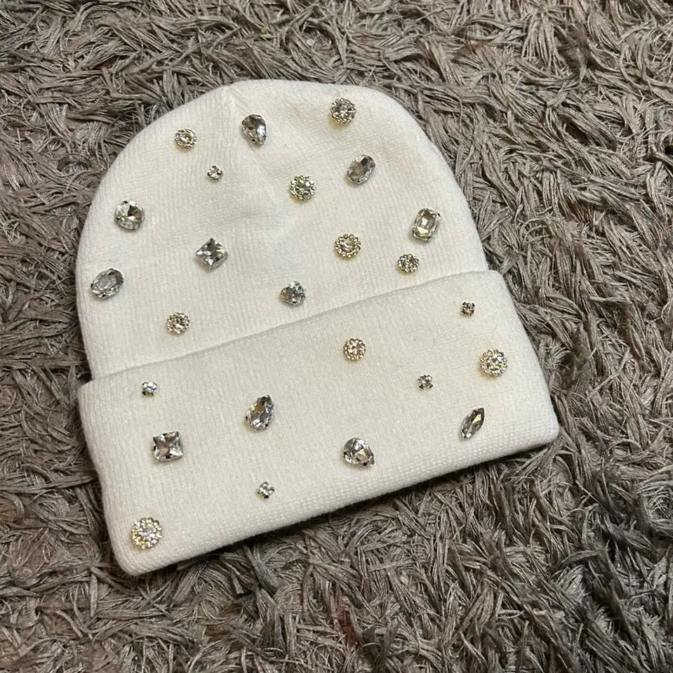 REG Diamond Beanie - White Beanie with Sparkling Diamond Embellishments