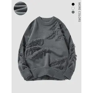 American Style Fall Winter Sweater, Round Neck Fuzzy Hole Design, Unisex Casual Knit Pullover, Lazy Fit Fashion Top