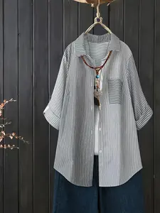 Elegant Plus Size Women's New Collared Shirt, Womenswear Colorblock Striped Long Sleeve Button Down, Loose Fit Casual Blouse for Daily Wear Aesthetic