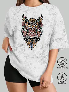 Colorful Tribal Owl Women's Casual Short Sleeve Crew Neck Cotton T-Shirt – Bestselling Intricate Animal Graphic Print, Mineral Wash Black, Machine Washable Spring & Summer Top, Soft Skin-Friendly Fabric, Daily Versatile, Fashion Design