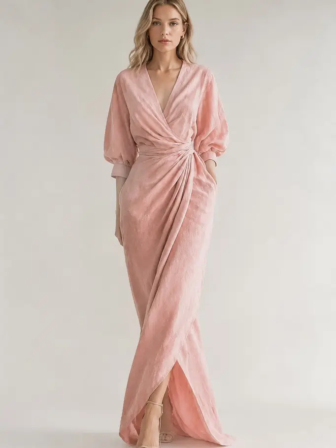 2026 Summer US Elegant Multi Color Wrap Maxi Dress Women Deep V 3/4 Sleeve High Waist Ruched Waist Side Slit Floor Length Long Dress With Pockets Solid Polyester Wedding Guest Casual Party Gown S-3XL