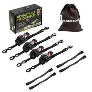 Measureman 1" x 10' Retractable Ratchet Straps 4-Pack Heavy Duty Self Retracting Tie Down Straps for Truck Cargo Trailer Superior Load Capacity Rustproof Weather Resistant