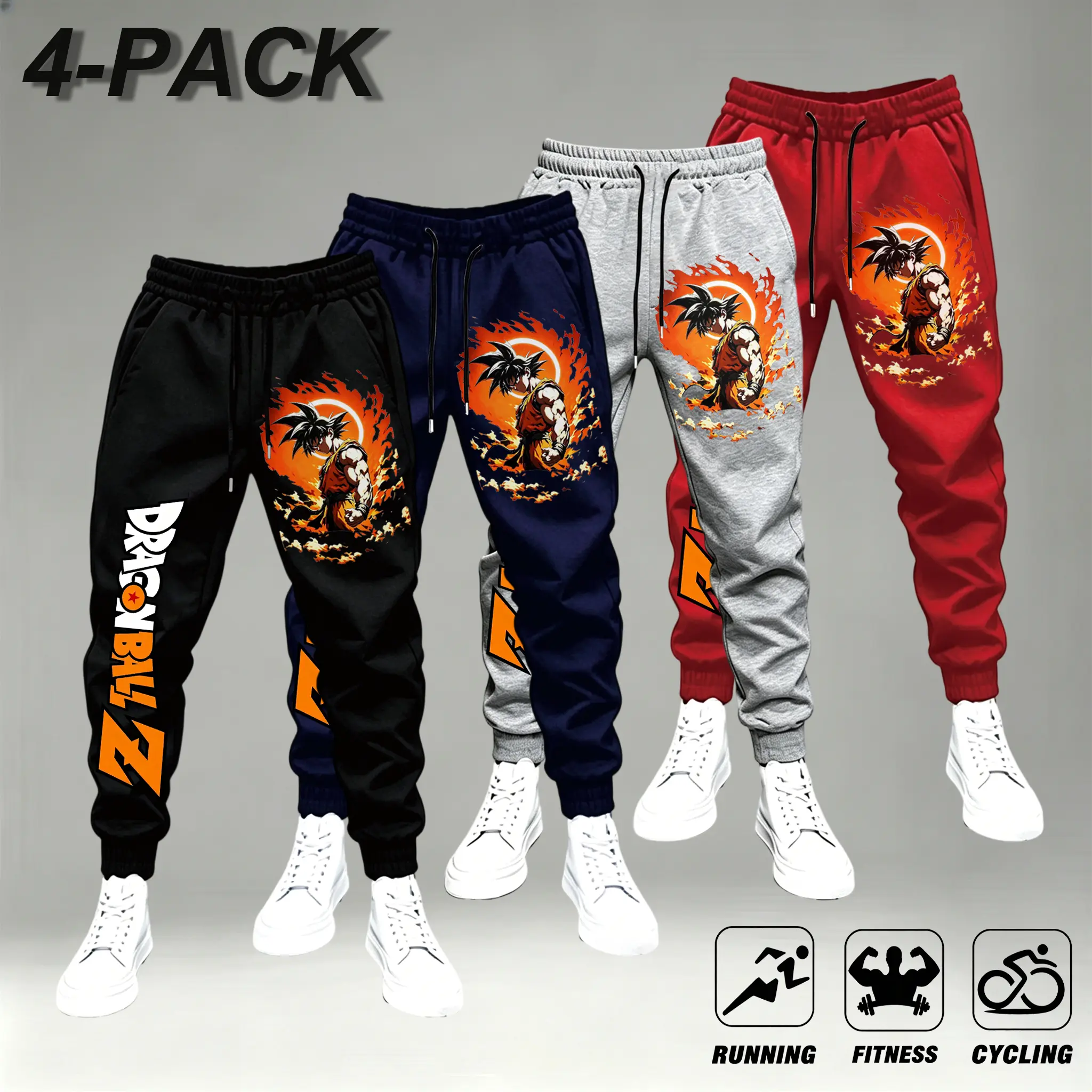 4 Pack Joggers for Men - Black, Navy, Gray, Red - Ideal for Running, Fitness, and Cycling - Comfortable & Stylish,Anime Character Graphic Jogger Pants, Dragon Theme Letter Print Sweatpants,Streetwear Anime Print Jogger Pants