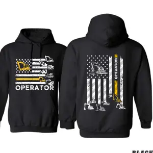 Heavy Equipment Operator Hoodie – Excavator American Flag Workwear Sweatshirt, Construction Worker Outfit, Patriotic Operator Gear, Outdoor Working Hoodie for Men & Blue Collar Crew