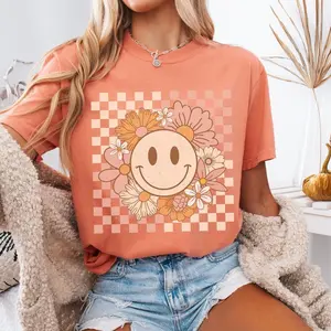 Smiley Face Shirt, Flower Shirt, Retro Smile Face, Trendy Vintage Graphic Tee, Checkered Comfort Colors T-shirt, Plus Size Happy Face Tshirt VSF