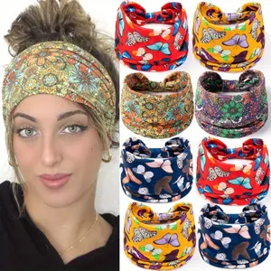 4pcs/pack Bohemian Colorful Flower Butterfly Print Sports Headband, Fashionable Wide Edge Elastic Headband, Yoga and Fitness Women's Sports Headband