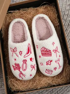 Cute Plush Slippers for Women, High Heel Bow Embroidered Warm Shoes, Indoor Outdoor Anti-Slip Slip-Ons, Non Slip Cloud, Fall Winter Christmas Gift