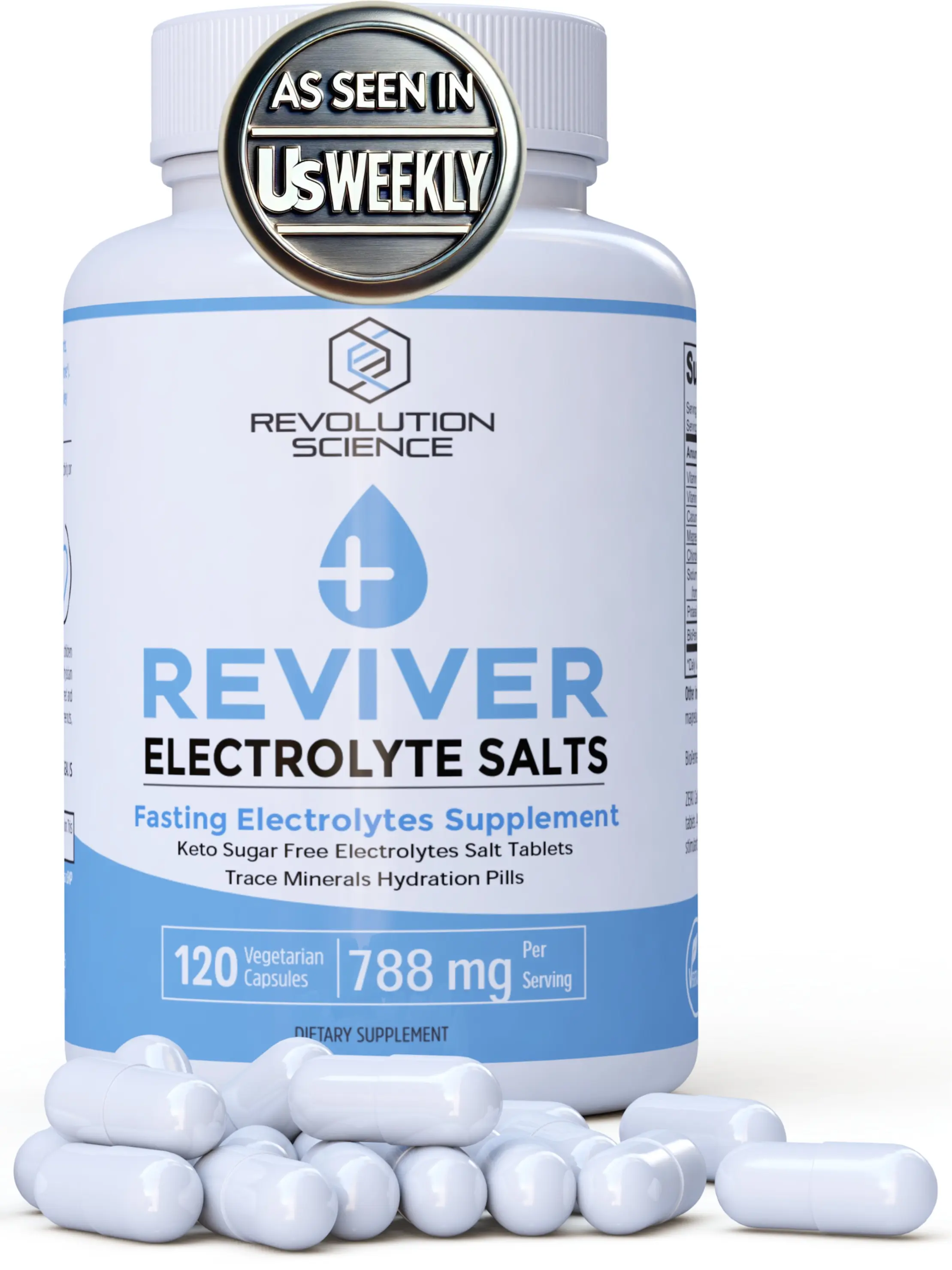 REVSCI REVIVER Advanced Electrolyte Supplement, 120 Vegetarian Capsules, For Intermittent Fasting, Rehydration Recovery, & Cramp Prevention, 788mg Per Serving