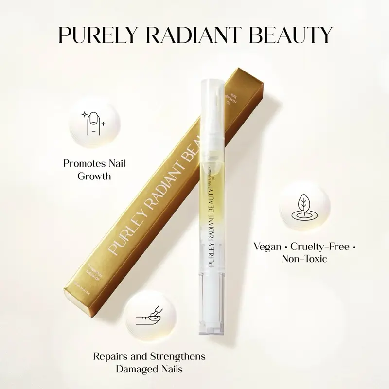 Purely Radiant Beauty Nail Growth Oil Nourishing & Moisturizing Formula for Longer Stronger Nails Prevents Brittleness Breakage Made with Jojoba Castor Coconut & Argan Oils 3ML Natural Blend Peeling
