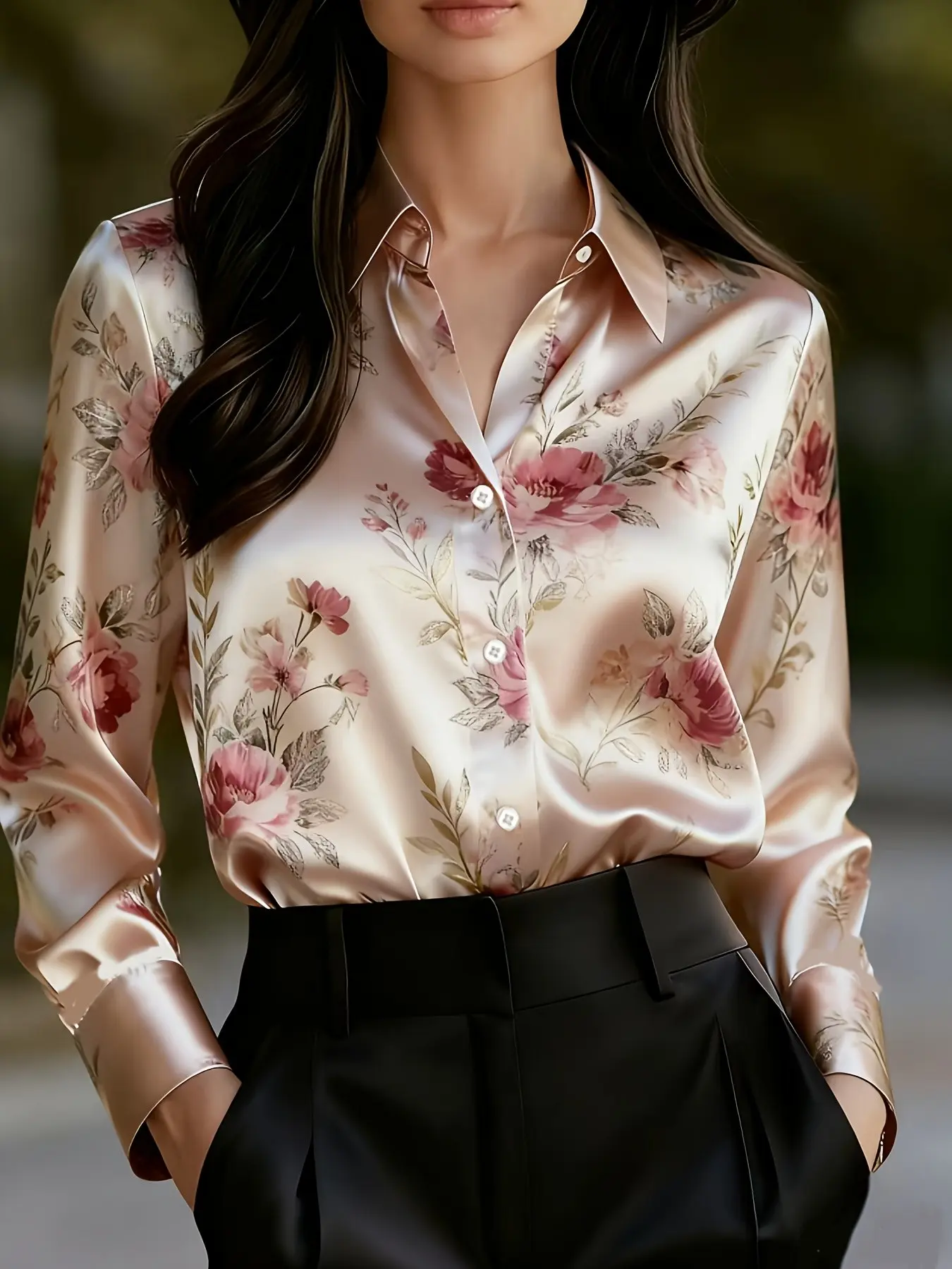 Viral Old Money Aesthetic! Abstract Zebra Swirl Satin Fitted Long Sleeve Floral Blouse | Elegant Silk-Like Button-Down Shirt for Effortless Chic