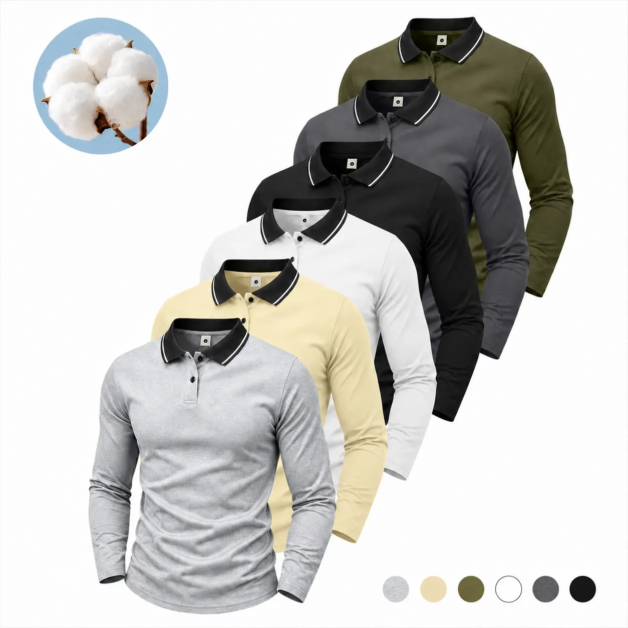 Men's 70% Cotton Blend Long Sleeve Polo Shirt, Soft Stretch Breathable Casual Collared Top, Classic Contrast Trim Polo, Multi-Pack Options, Everyday Work Golf Travel Shirt
