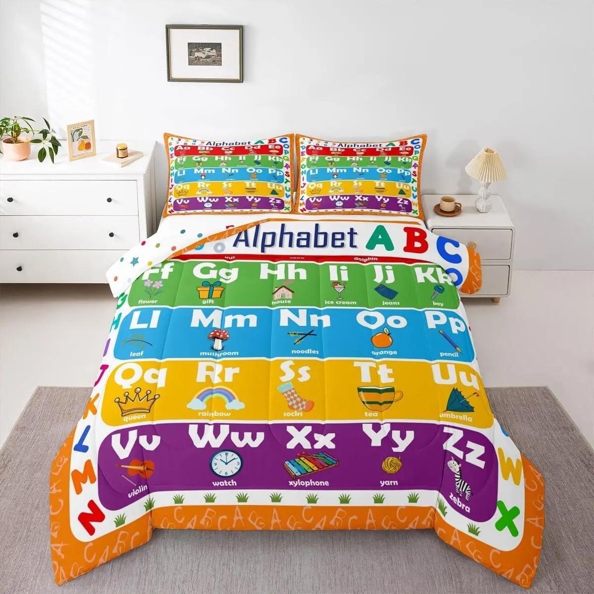 ABC Alphabet Comforter Set,Learning Alphabet Bedding Set Educational Comforter Word Educational Duvet Set Durable Bed Set