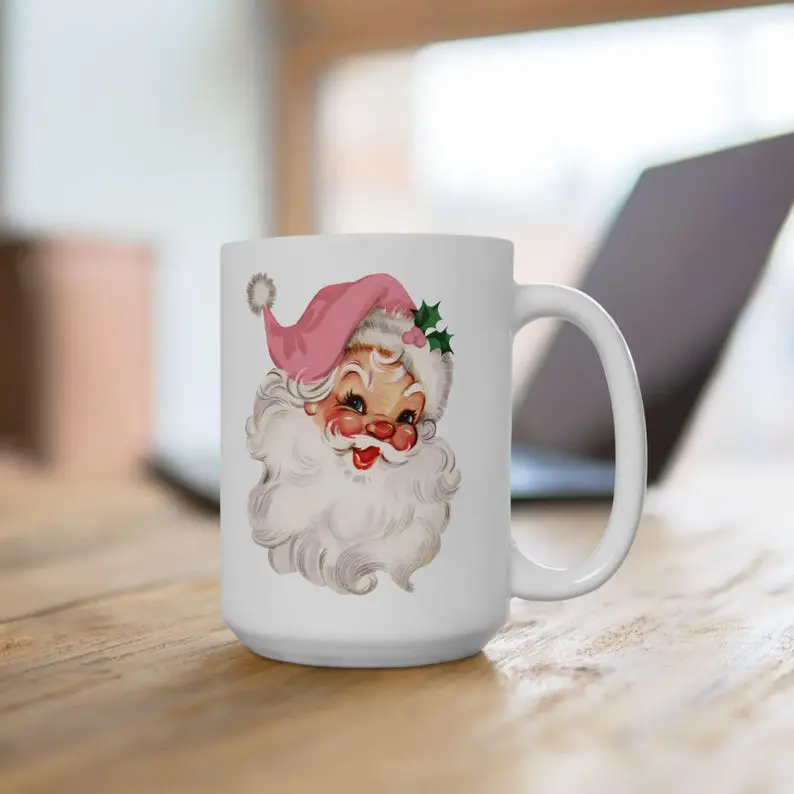 Pink Santa Retro Christmas Mug, Retro Santa Coffee Cup, Pink Retro Christmas Coffee Mug. Ideal Gift for Family, Friends, and Classmates