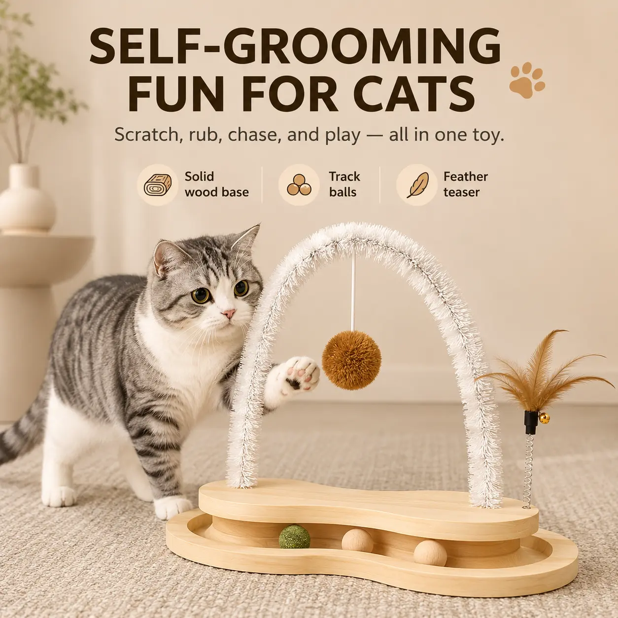 Cat Self Groomer Arch with Track Balls, Interactive Cat Massage Toy with Hanging Pom-Pom & Feather Teaser, Natural Wood Cat Toy for Indoor Cats