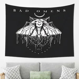 Bad Omens Gothic Tapestry - Black & White Spider Web Design with "BAD OMENTS" Text, Soft Peach Light Beige Fabric Wall Hanging for Living Room, Bedroom, Entryway Decor - Perfect for Independence Day & Christmas