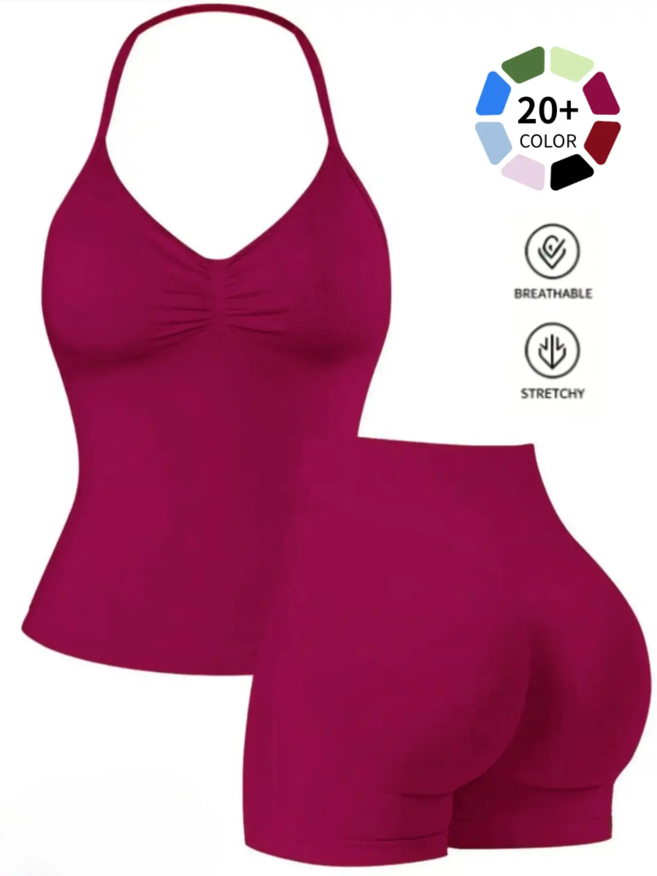 Tummy Control High Waist Yoga Set, Ruched Halter Workout 2 Piece, Butt Lifting Gym Shorts for Women, Comfortable & Stylish, Yoga Gym Outfits, Workout Sets