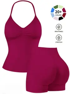 Tummy Control High Waist Yoga Set, Ruched Halter Workout 2 Piece, Butt Lifting Gym Shorts for Women, Comfortable & Stylish, Yoga Gym Outfits, Workout Sets