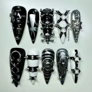 NailsbyRose Press On Nails Handmade Finger Accessories Glossy Skull & Crossbones Design Set of 10pc for Quick Stylish Changes