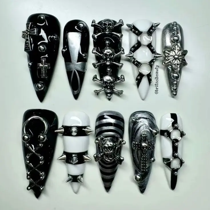 NailsbyRose Press On Nails Handmade Finger Accessories Glossy Skull & Crossbones Design Set of 10pc for Quick Stylish Changes