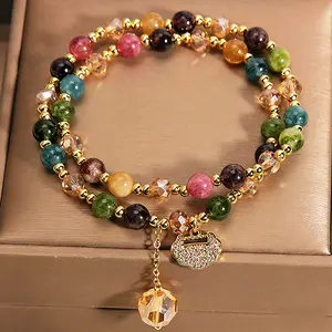 High-End Double Layer Rainbow Tourmaline Round Beads Bracelet, Bohemian Style Bracelet with Delicate Longevity Lock, Unique Jewelry for Women