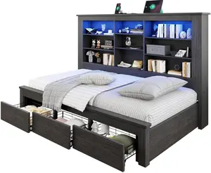 [SummerVibes]AMERLIFE Twin Daybed with Bookcase Headboard, USB-C Charging, RGB Lights & 3 Drawers, No Box Spring Needed, Farmhouse Wood Bed Frame for Teens, Dorms, Guest Room, Black