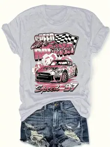Women's Race Car & Letter Print Round Neck Tee, Casual Short Sleeve Crew Neck T-shirt for Summer, Fashion Women's Top for Daily Wear