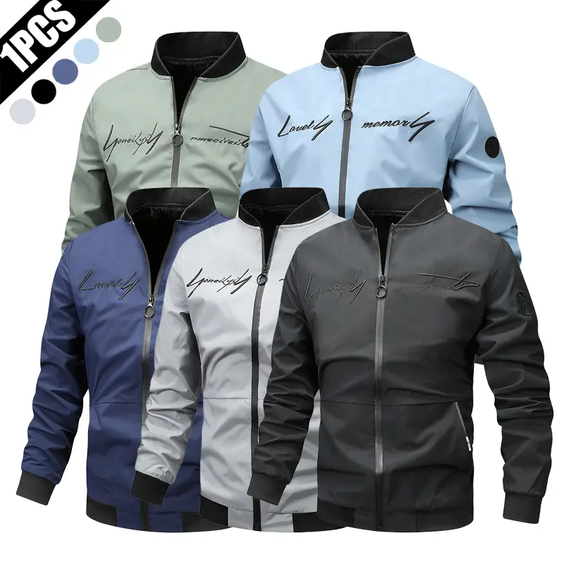 Men’s Lightweight Outdoor Casual Aviator Jacket Clothes - Embroidered Lettering, Zip Closure, Stand Collar, Regular Fit, Suitable for Hiking, City Commuting