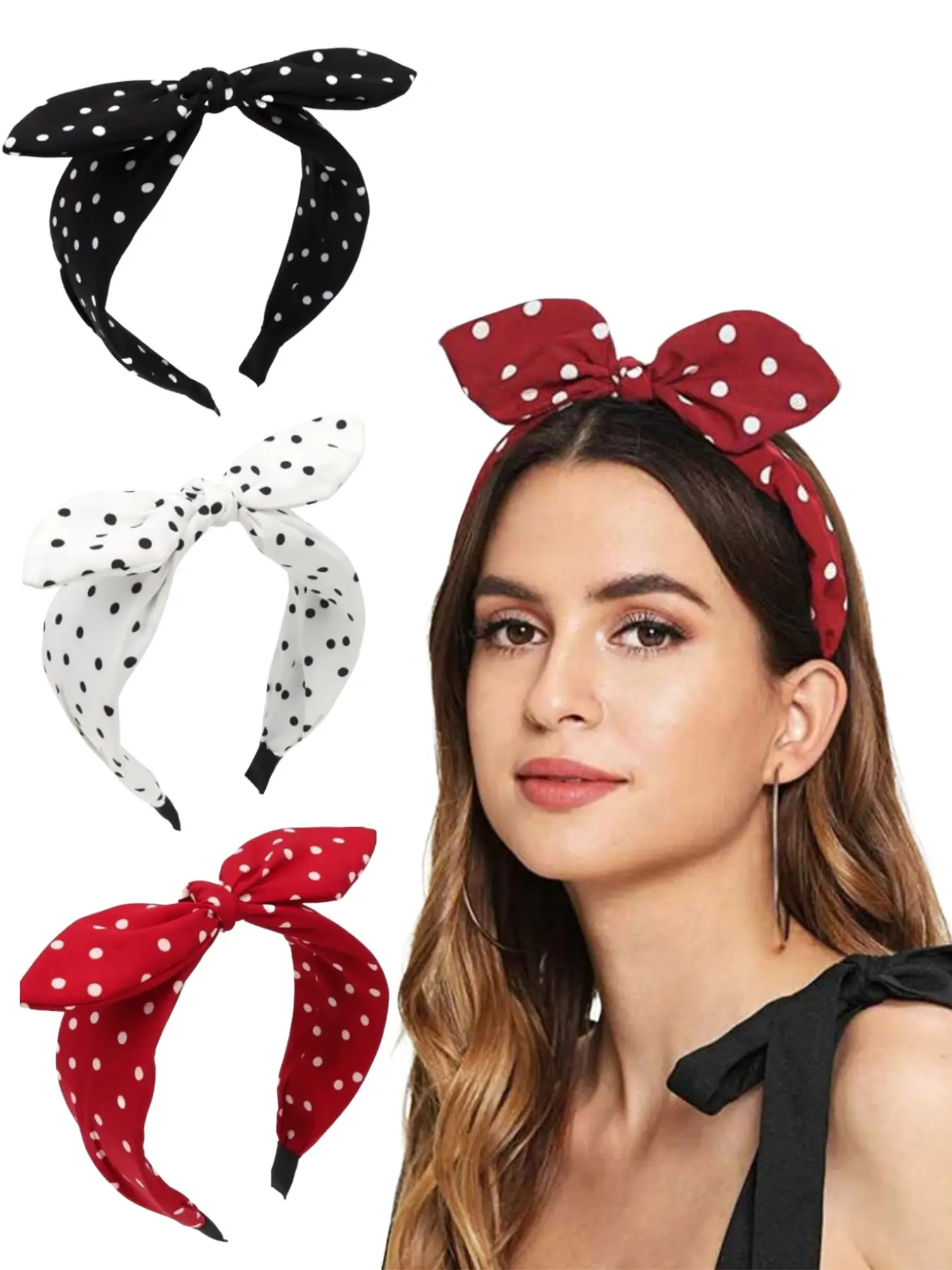 Ladies' sweet polka dot headband, fashionable bow hair accessory, rabbit ears, Easter, party, campus, vacation travel, gentle temperament accessory, daily casual accessory