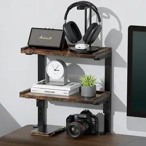 2-Tier Desk Shelf, Expandable Under Desk Storage, Clamp on Desk Shelf, Desktop Accessories for Offices, Study Rooms, and Game Rooms (Wood)