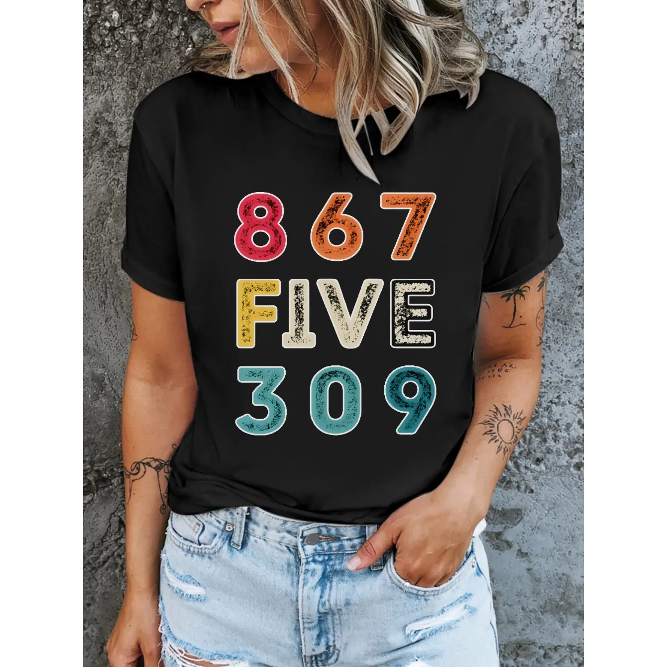 Lady's Printed 8675309 Graphic Short-Sleeve Crew Neck Navy Blue Cotton Apparel - All-Season Regular Fit Casual T-Shirt, Soft Breathable Fabric, Durable Print, Everyday Comfort, Machine Washable, Humor Tee, Women's Gift, Shortsleeve, Round Neck, Tshirt