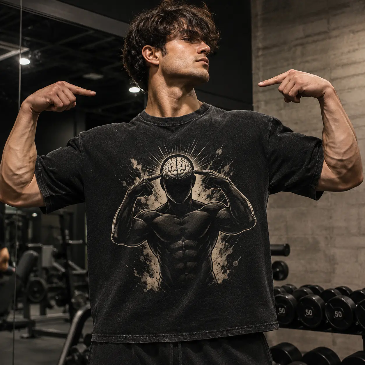 Mind Over Muscle Gym Tee – Brain Power Bodybuilder Graphic Shirt, Vintage Oversized Workout T-Shirt