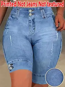 Women's Printed Tight-Fitting Pants Non-Denim Fabric, Ladies Short Five-Pocket Bottoms, Faux Denim Print Underwear All Seasons Wear, Casual, Skinny