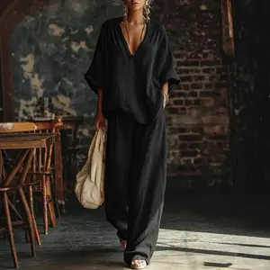 V-Neck Loose Short-Sleeve Top & Pants Set – 5 Colors, S–3XL