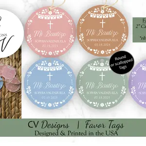 Cielito Lindo Baptism Birthday Cardstock Favor Tags 2 Inches Round or Scalloped